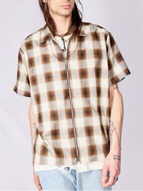 Assembly New York Plaid Cotton Zip Camp Shirt Collared Loose Boxy Designer Sz S